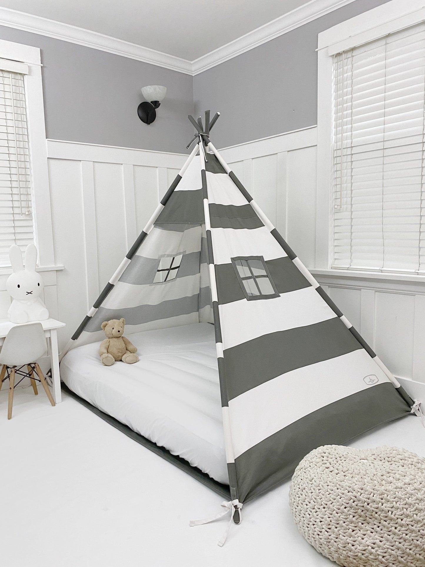 Canopy Bed Tent in Grey and White Stripe without Door