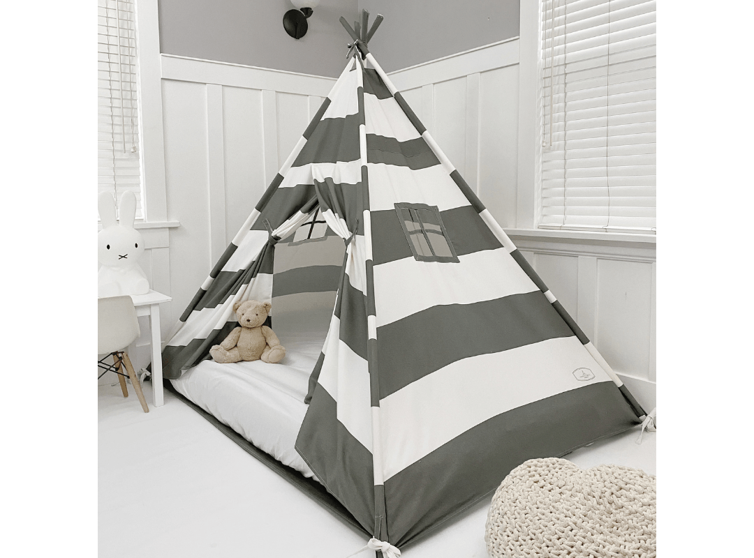 Domestic Objects Play Tent Canopy Bed in Grey and White Stripe WITH Doors