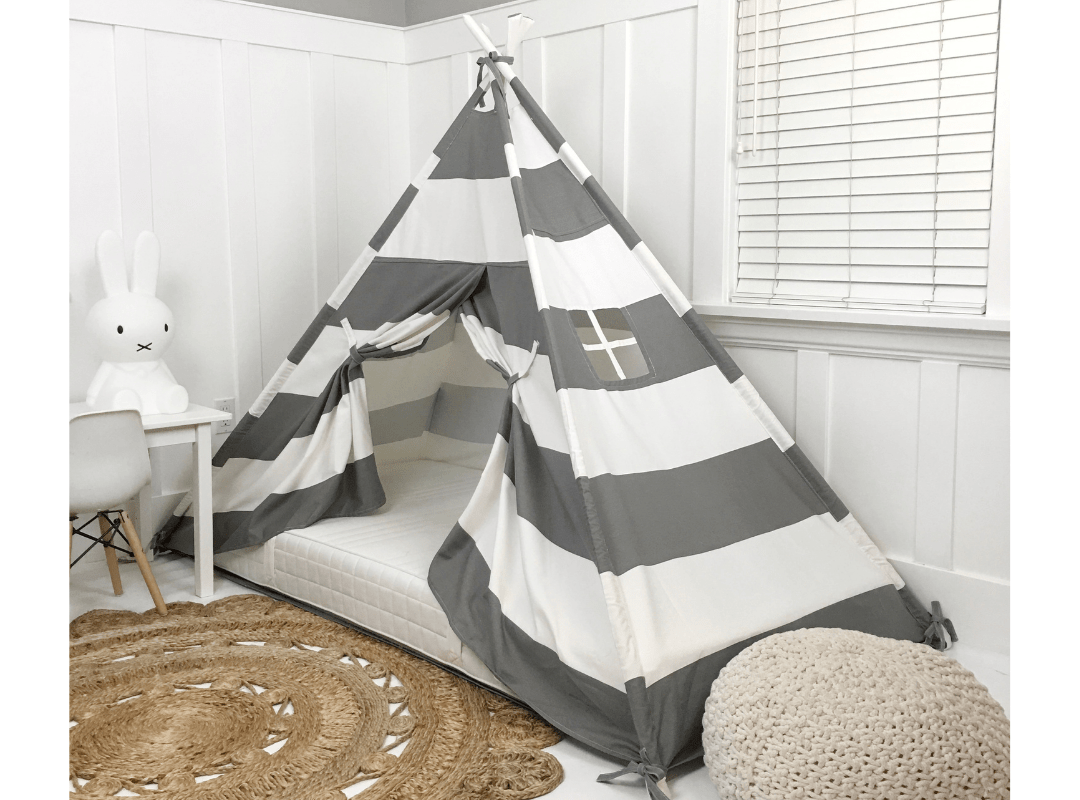 Domestic Objects Play Tent Canopy Bed in Grey and White Stripe WITH Doors