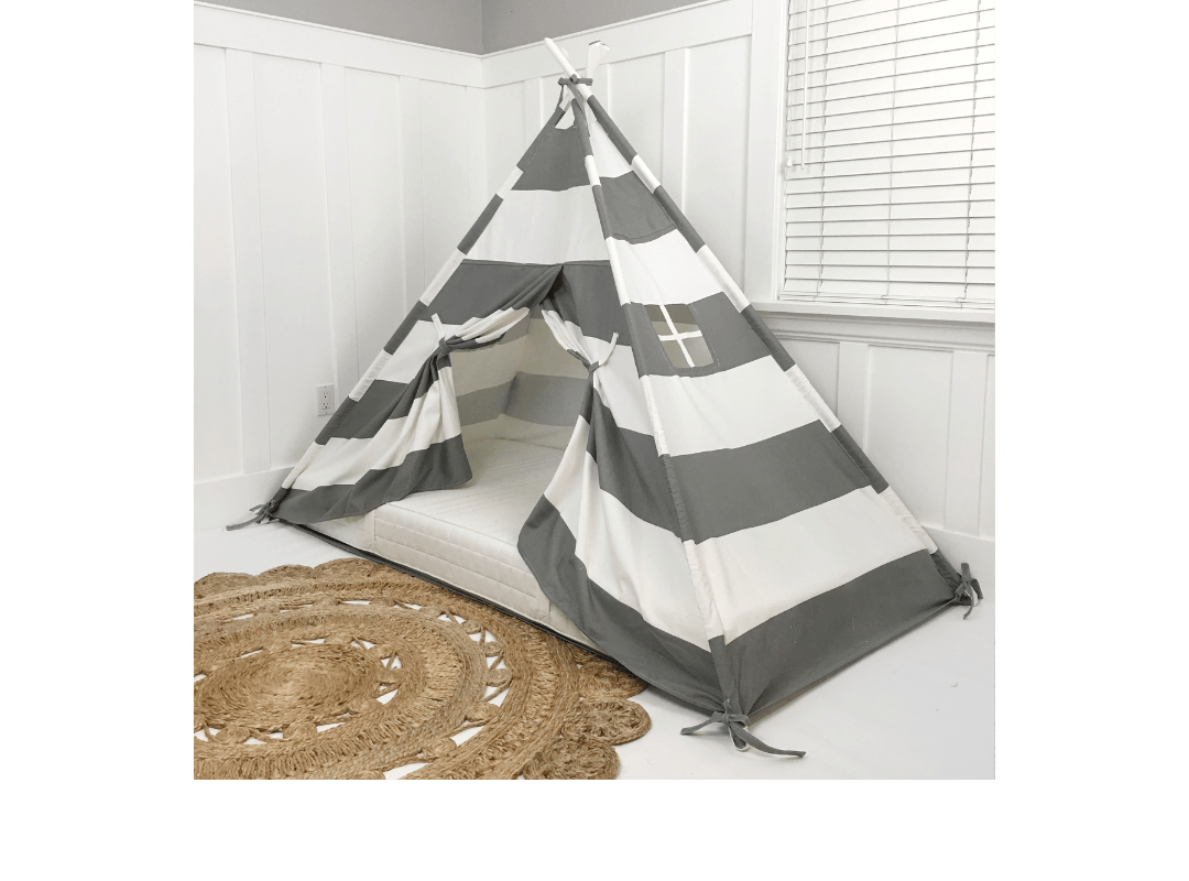 Domestic Objects Play Tent Canopy Bed in Grey and White Stripe WITH Doors