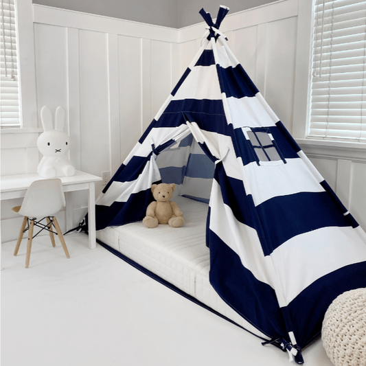 Domestic Objects Play Tent Canopy Bed in Navy Blue and White Stripe Canvas WITH Doors