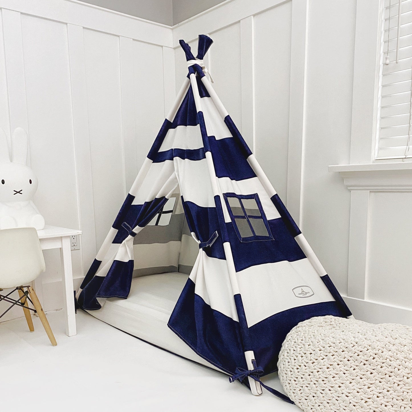 Domestic Objects Play Tent Canopy Bed in Navy Blue and White Stripe Canvas WITH Doors