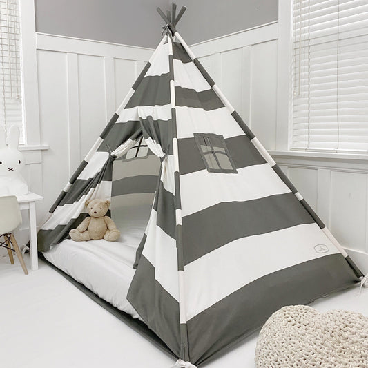 Domestic Objects Play Tent Canopy Bed in Grey and White Stripe WITH Doors