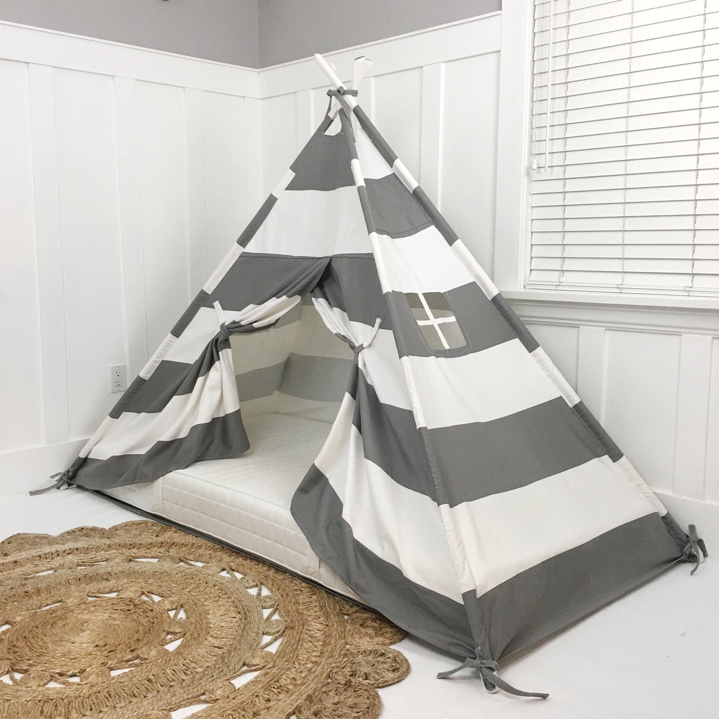 Domestic Objects Play Tent Canopy Bed in Grey and White Stripe WITH Doors