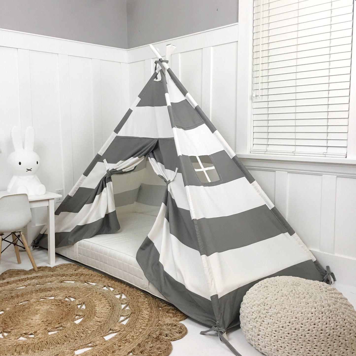 Domestic Objects Play Tent Canopy Bed in Grey and White Stripe WITH Doors