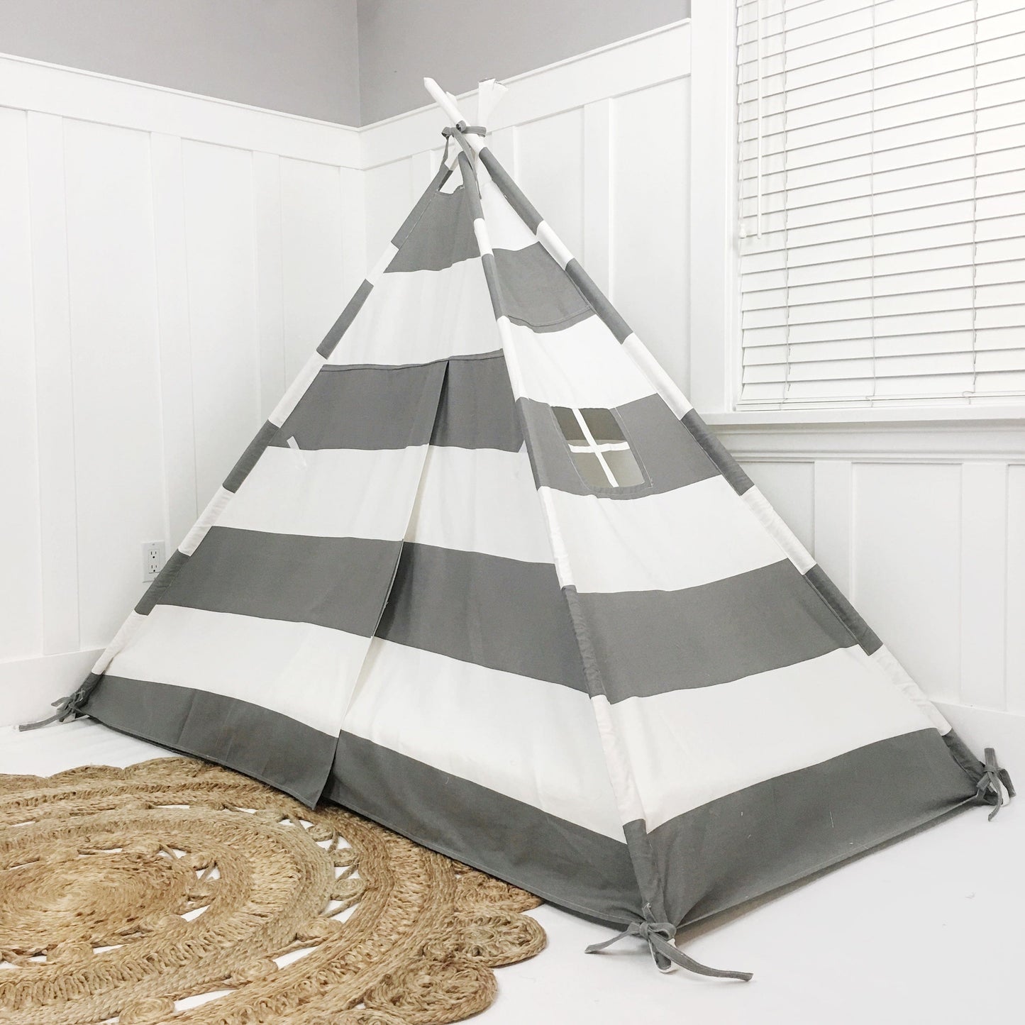 Domestic Objects Play Tent Canopy Bed in Grey and White Stripe WITH Doors