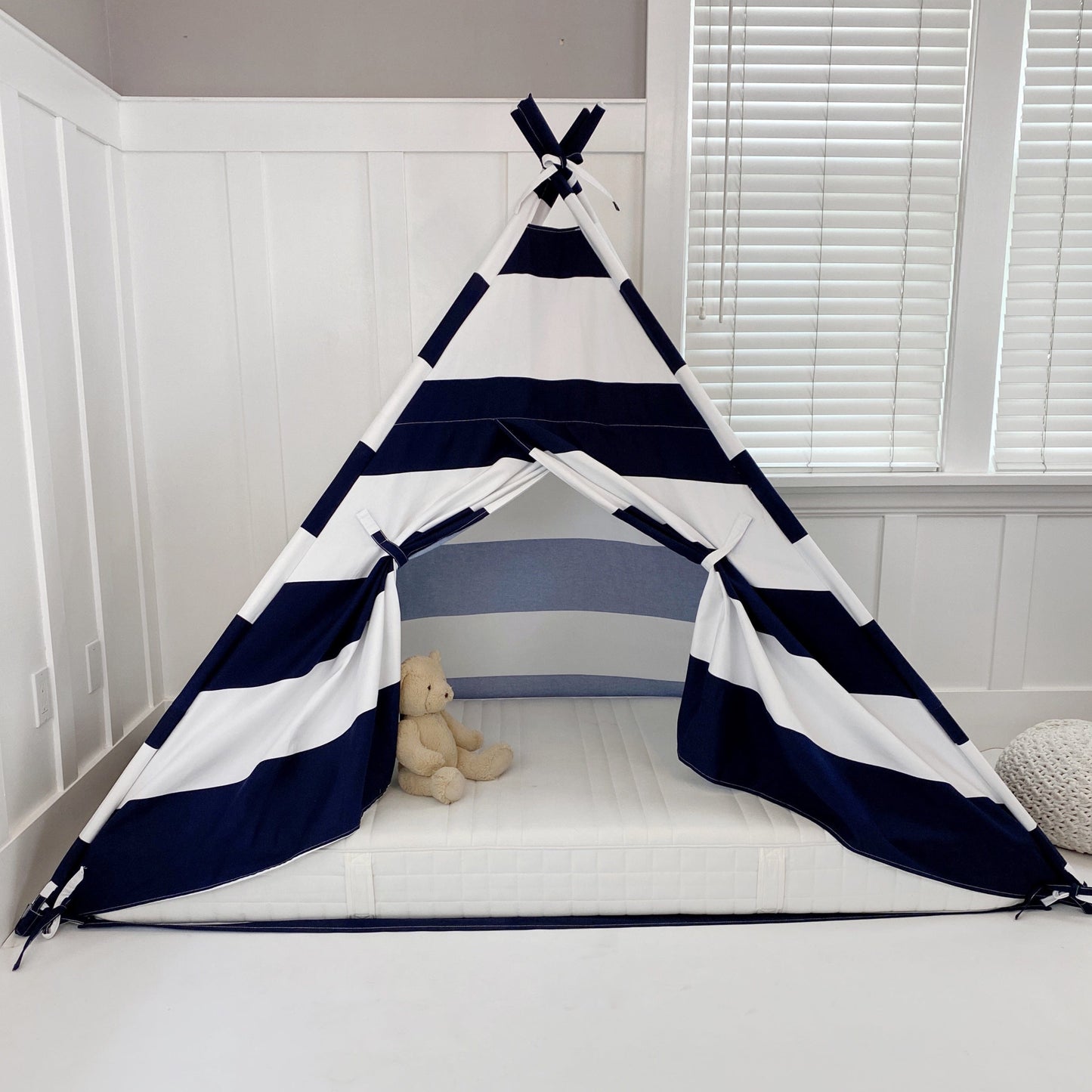 Domestic Objects Play Tent Canopy Bed in Navy Blue and White Stripe Canvas WITH Doors