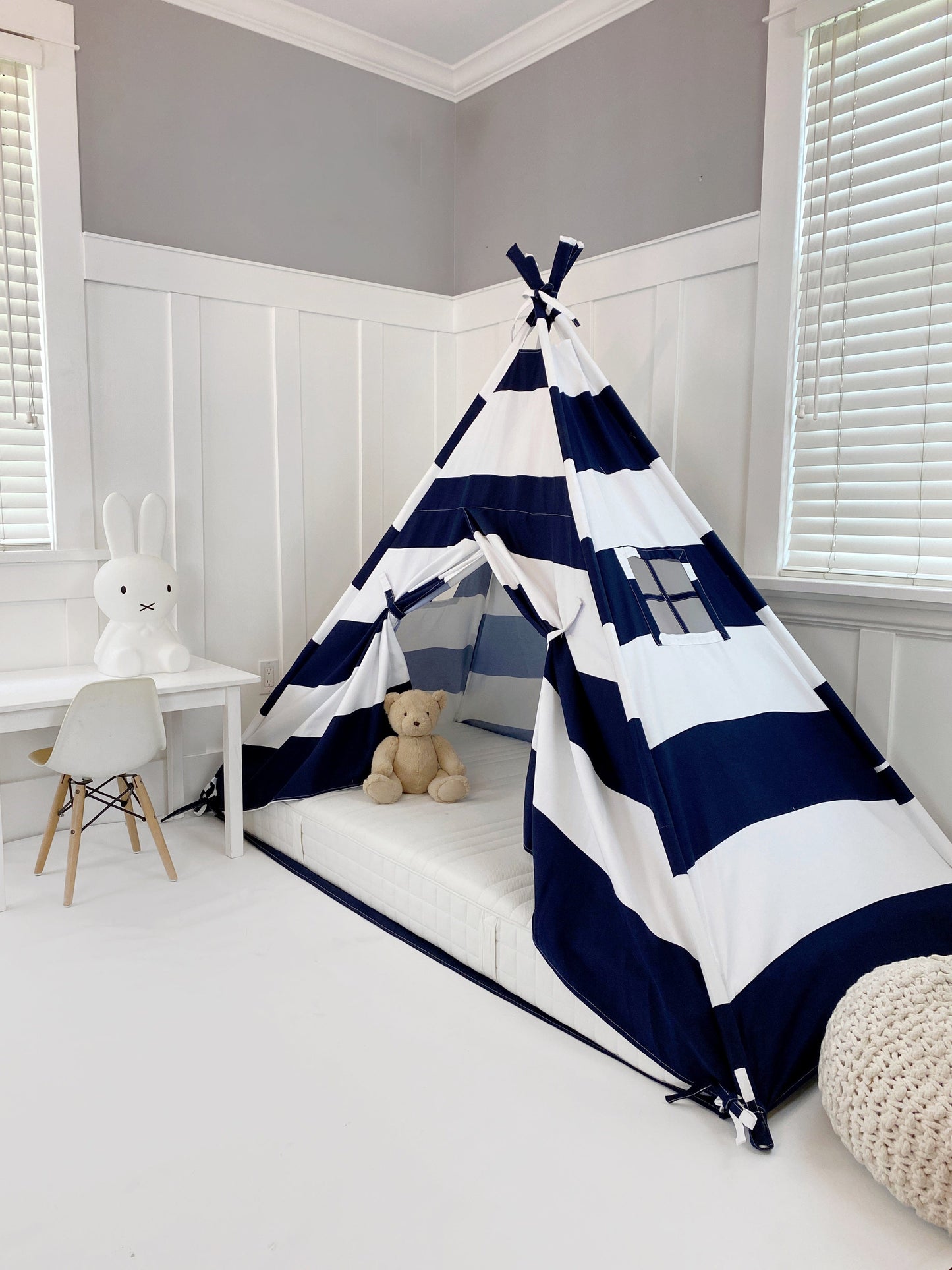 Domestic Objects Play Tent Canopy Bed in Navy Blue and White Stripe Canvas WITH Doors