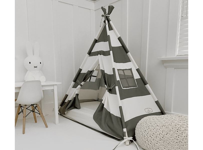 Domestic Objects Play Tent Canopy Bed in Grey and White Stripe WITH Doors