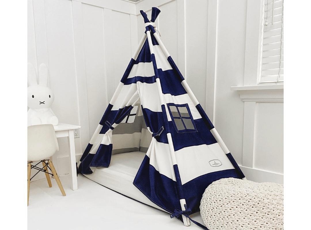 Domestic Objects Play Tent Canopy Bed in Navy Blue and White Stripe Canvas WITH Doors