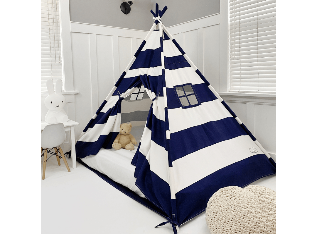 Domestic Objects Play Tent Canopy Bed in Navy Blue and White Stripe Canvas WITH Doors