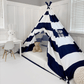 Domestic Objects Play Tent Canopy Bed in Navy Blue and White Stripe Canvas WITH Doors