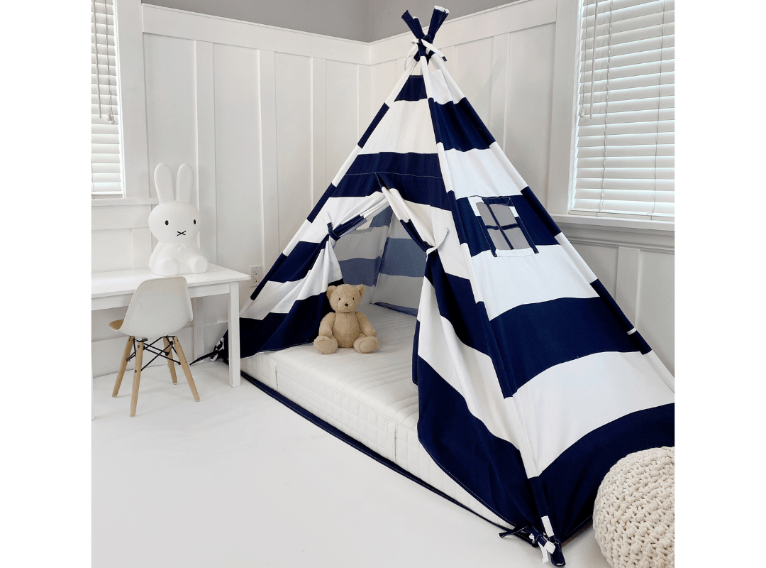 Domestic Objects Play Tent Canopy Bed in Navy Blue and White Stripe Canvas WITH Doors